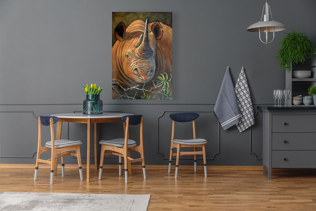 Horned Sentinel - Black Rhino - Limited Edition Canvas Print by International Wildlife Artist Joe Marais
