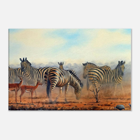 Painting of zebras and antelopes in a savanna landscape
