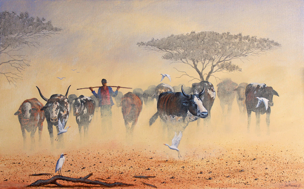 A painting of a herder with cattle in a desert landscape