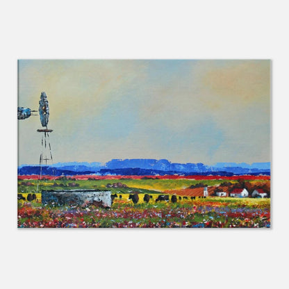 Painting of a landscape with a water tower, fields, and a blue sky.