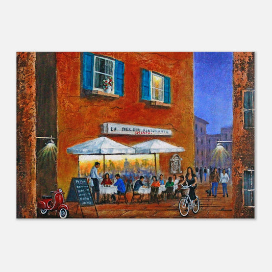Painting of an outdoor cafe scene with people dining and socializing.
