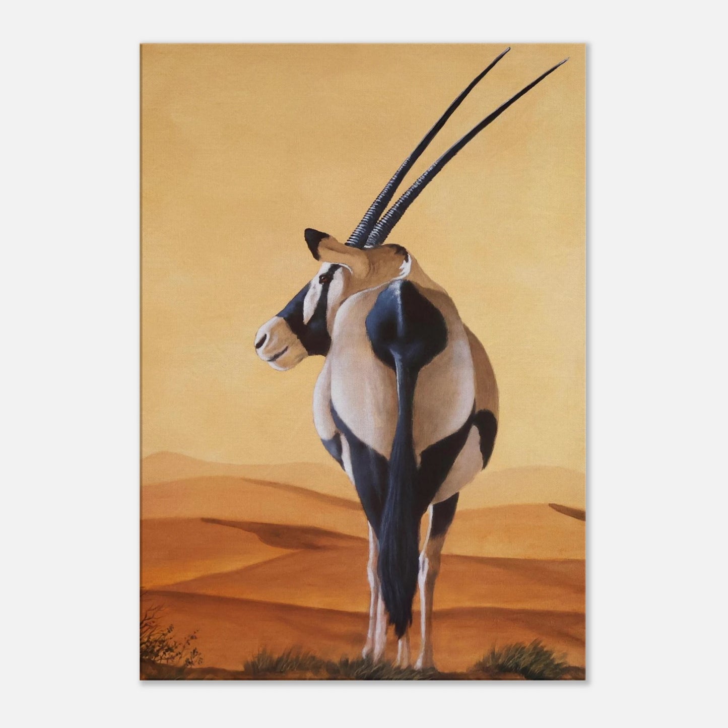 Painting of an oryx standing in a desert landscape with a warm color palette.