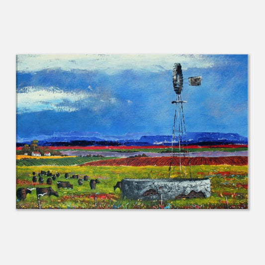 Painting of a rural landscape with a windmill, fields, and animals.