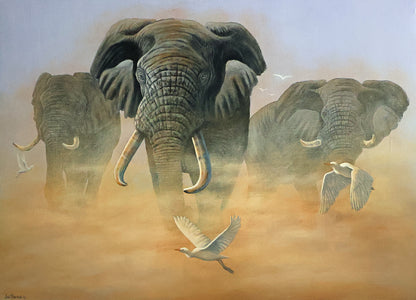 Savuti Elephants - The Raw Power of Africa. Limited Edition Canvas Print by International Wildlife Artist Joe Marais