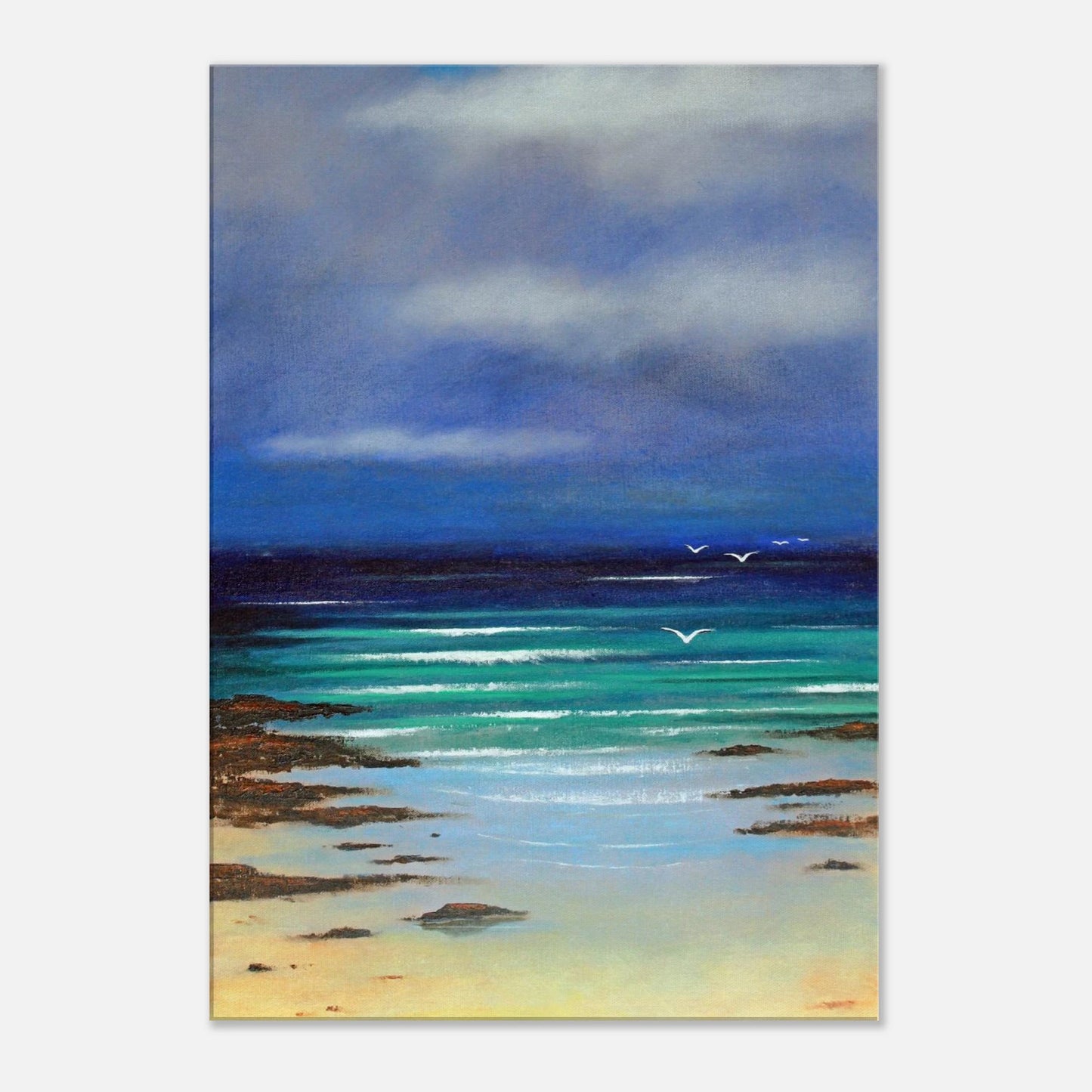 Painting of a coastal scene with blue sky, clouds, and ocean.