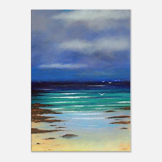 Painting of a coastal scene with blue sky, clouds, and ocean.