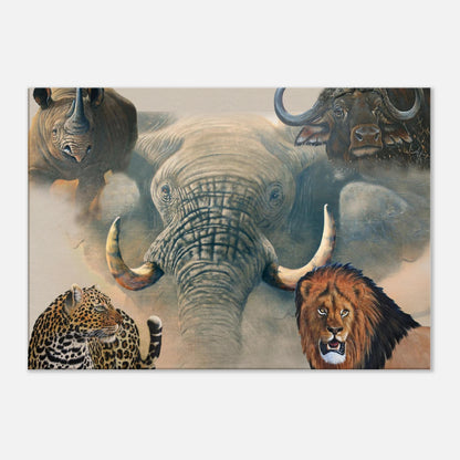 Big Five - Illustration of an elephant, lion, leopard, and rhinoceros on a beige background